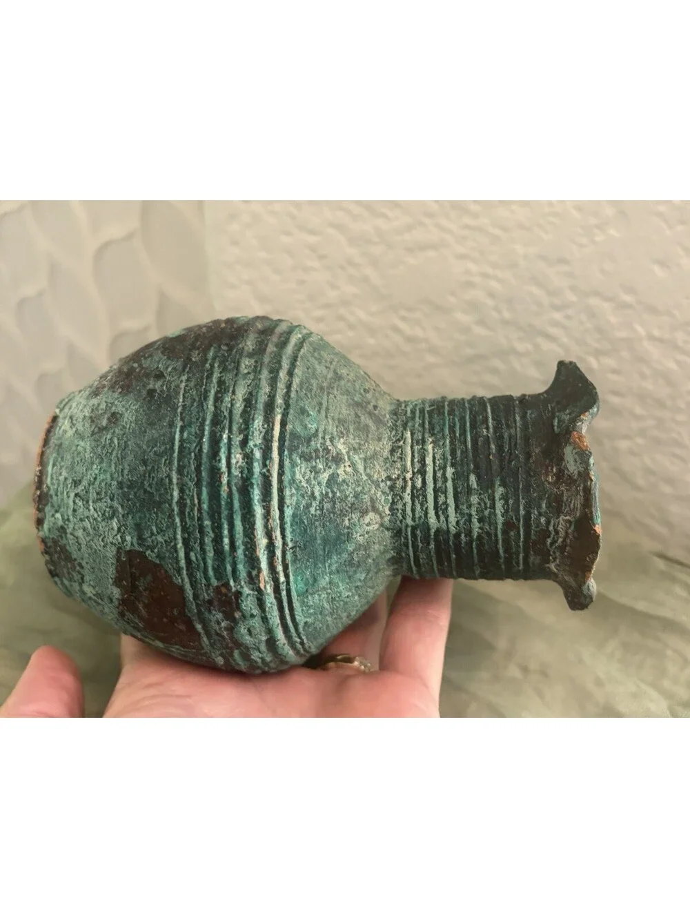 Vintage Chinese Ceramic Hu-Form Vase – 4.5” Faux Bronze Verdigris